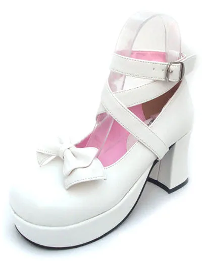 Sweet Lolita Shoes Chunky Heel Black Bow PU Lolita Shoes
