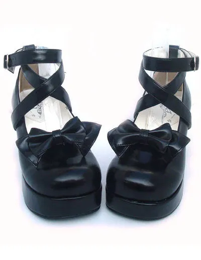 Sweet Lolita Shoes Chunky Heel Black Bow PU Lolita Shoes