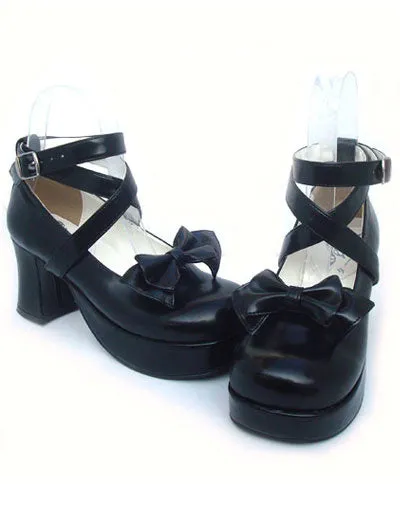 Sweet Lolita Shoes Chunky Heel Black Bow PU Lolita Shoes