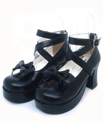 Sweet Lolita Shoes Chunky Heel Black Bow PU Lolita Shoes