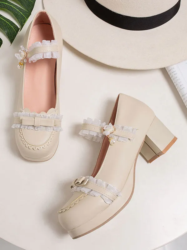 Sweet Lolita Shoes Lace Pearl Bow Round Toe PU Leather Lolita Pumps