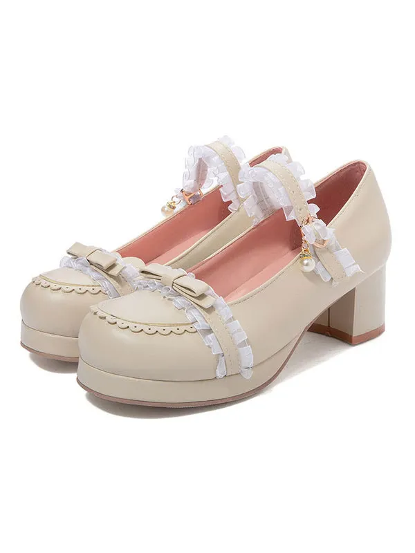Sweet Lolita Shoes Lace Pearl Bow Round Toe PU Leather Lolita Pumps