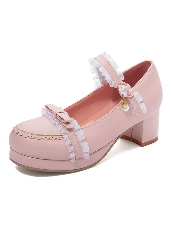 Sweet Lolita Shoes Lace Pearl Bow Round Toe PU Leather Lolita Pumps