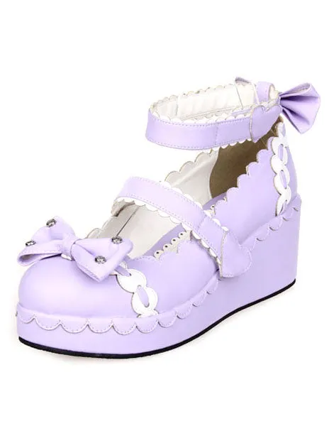 Sweet Lolita Shoes Platform Ankle Strap Bows Decor White Trim
