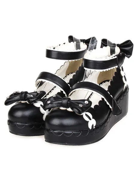 Sweet Lolita Shoes Platform Ankle Strap Bows Decor White Trim