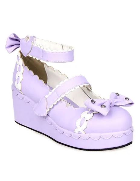 Sweet Lolita Shoes Platform Ankle Strap Bows Decor White Trim