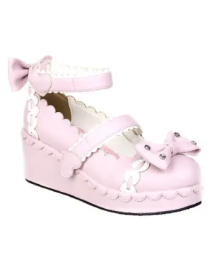 Sweet Lolita Shoes Platform Ankle Strap Bows Decor White Trim