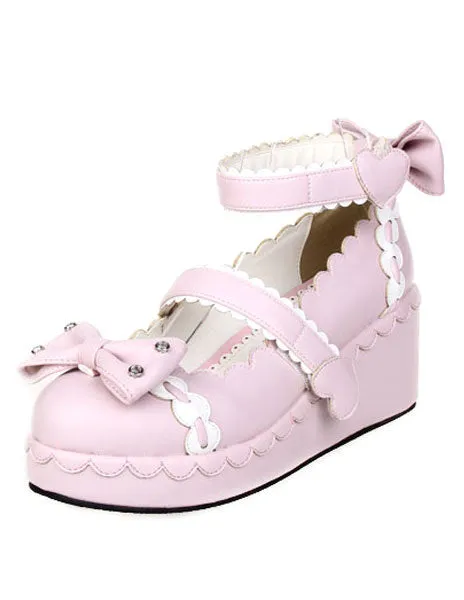 Sweet Lolita Shoes Platform Ankle Strap Bows Decor White Trim