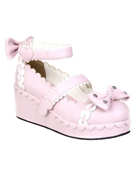 Sweet Lolita Shoes Platform Ankle Strap Bows Decor White Trim