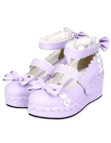 Sweet Lolita Shoes Platform Ankle Strap Bows Decor White Trim