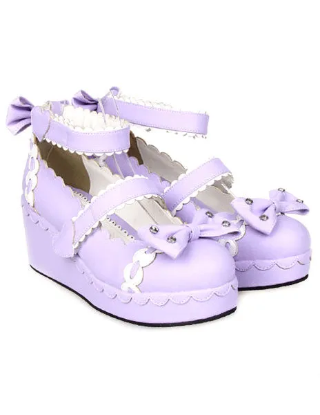 Sweet Lolita Shoes Platform Ankle Strap Bows Decor White Trim