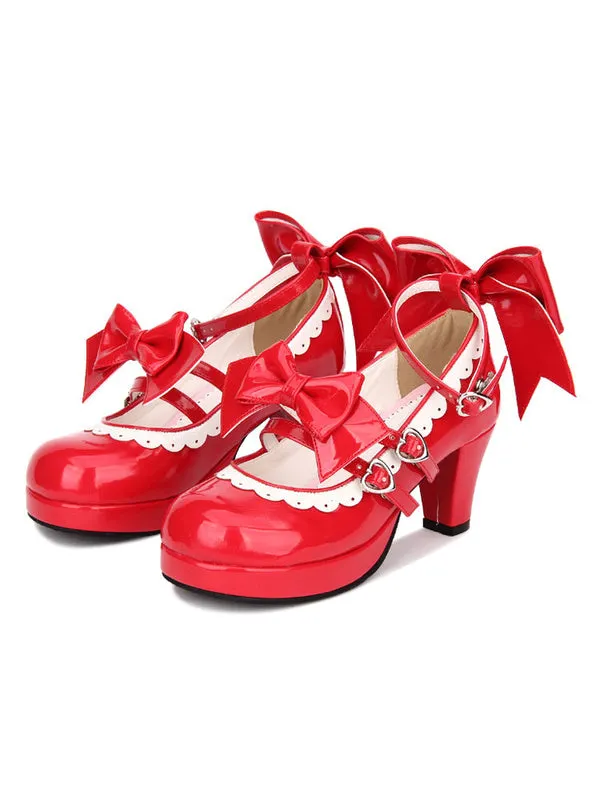 Sweet Lolita Shoes Red Bow Strappy Patent PU Red Lolita Pumps