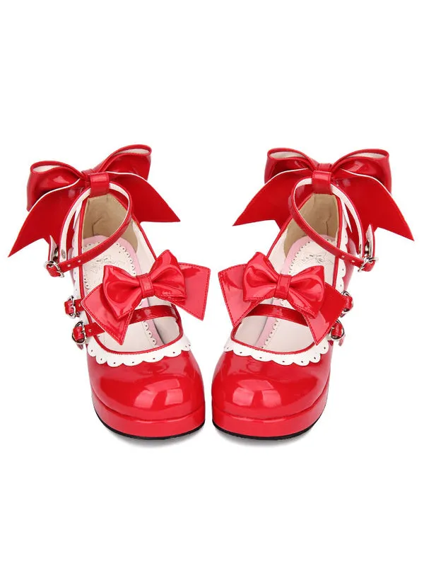 Sweet Lolita Shoes Red Bow Strappy Patent PU Red Lolita Pumps