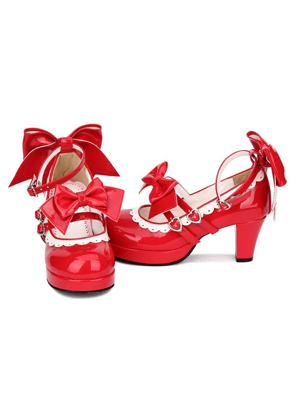 Sweet Lolita Shoes Red Bow Strappy Patent PU Red Lolita Pumps