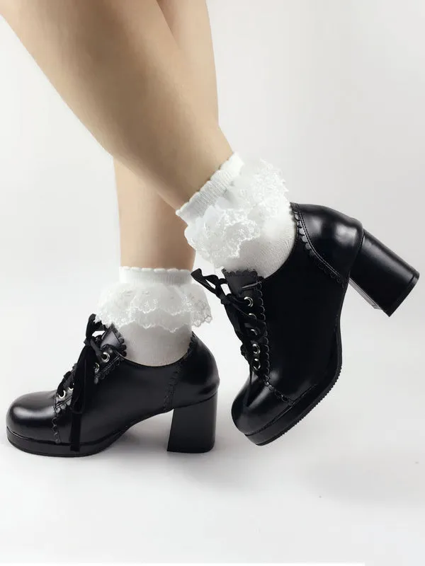 Sweet Lolita Shoes Square Toe Puppy Heel PU Lace Up Red Lolita Shoes