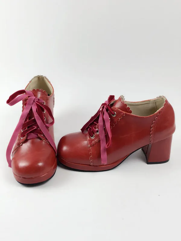 Sweet Lolita Shoes Square Toe Puppy Heel PU Lace Up Red Lolita Shoes