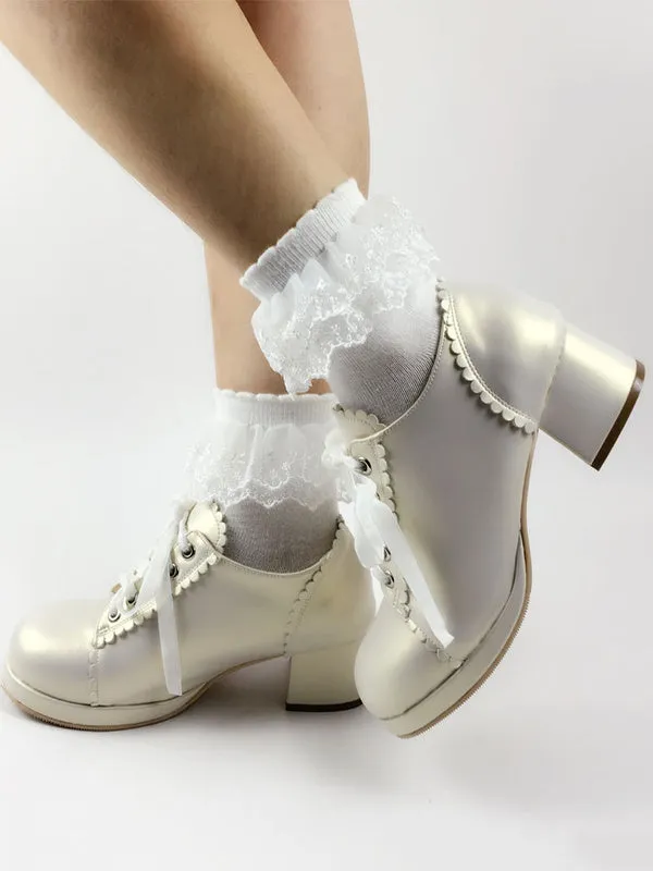 Sweet Lolita Shoes Square Toe Puppy Heel PU Lace Up Red Lolita Shoes