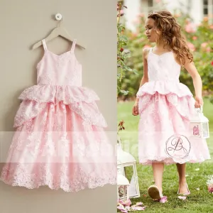 Sweet Pink Lace Unique Ball Gown Spaghetti Straps Flower Girl Dresses, FGS062