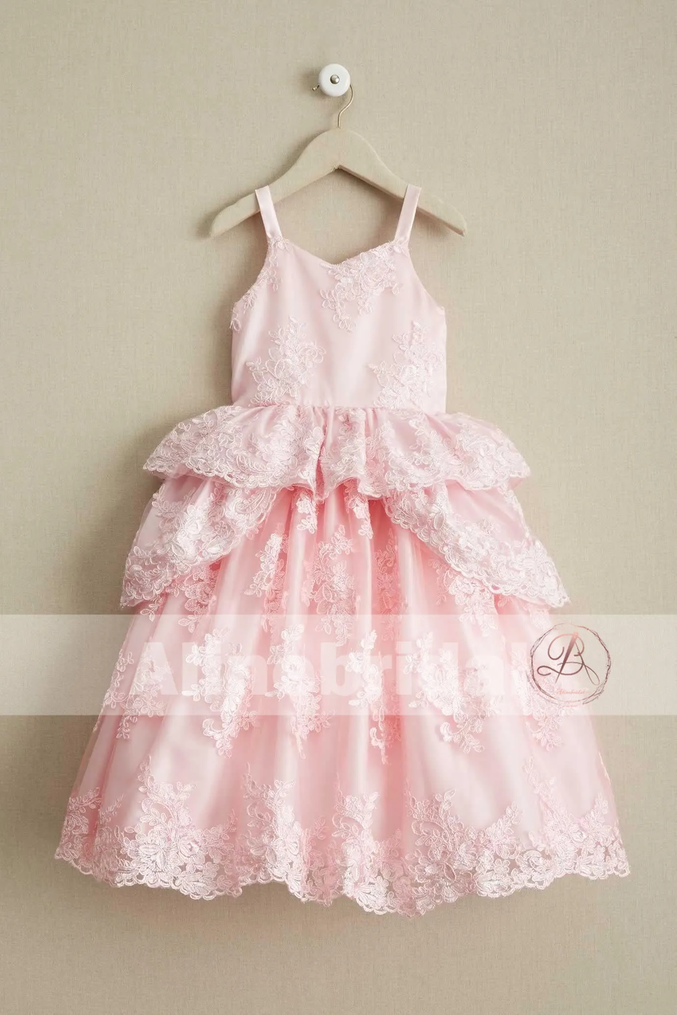 Sweet Pink Lace Unique Ball Gown Spaghetti Straps Flower Girl Dresses, FGS062
