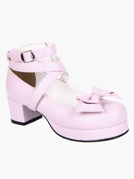 Sweet Square Heels Shoes Ankle Straps Bow Buckle