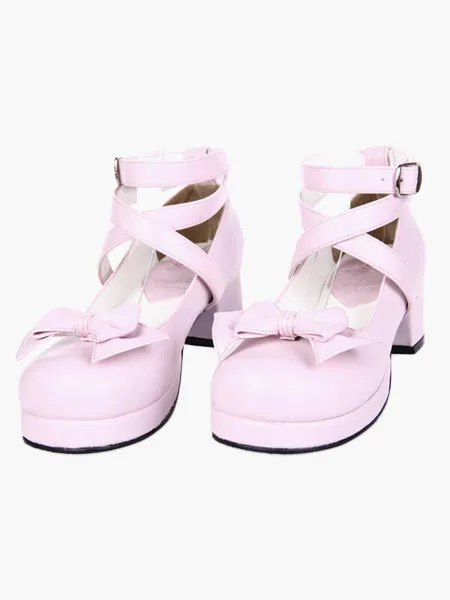 Sweet Square Heels Shoes Ankle Straps Bow Buckle