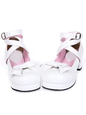 Sweet Square Heels Shoes Ankle Straps Bow Buckle