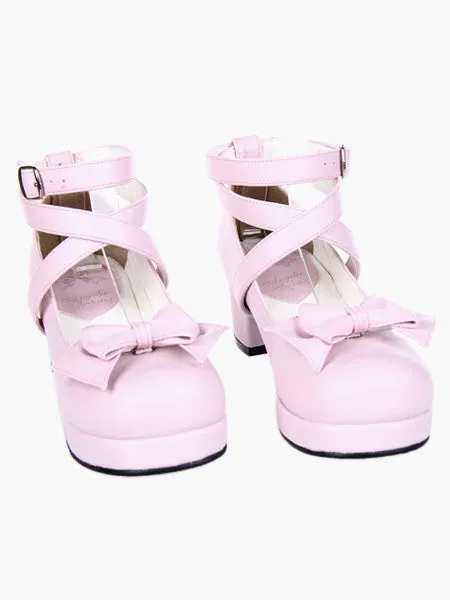 Sweet Square Heels Shoes Ankle Straps Bow Buckle