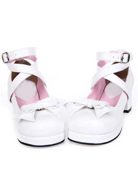 Sweet Square Heels Shoes Ankle Straps Bow Buckle