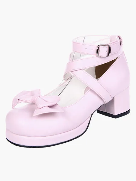 Sweet Square Heels Shoes Ankle Straps Bow Buckle