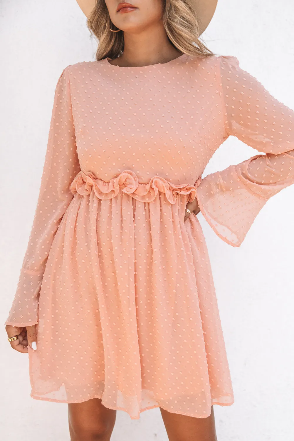 Swiss Dot Ruffled Bell Sleeve High Waist Mini Dress