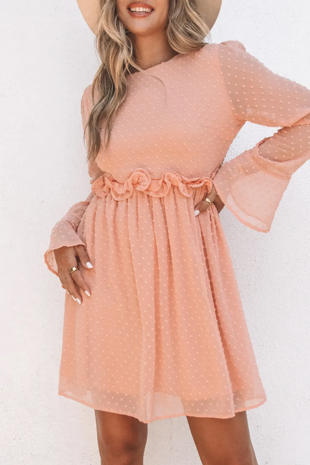 Swiss Dot Ruffled Bell Sleeve High Waist Mini Dress