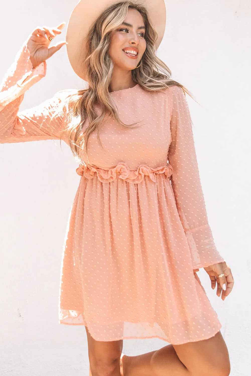 Swiss Dot Ruffled Bell Sleeve High Waist Mini Dress