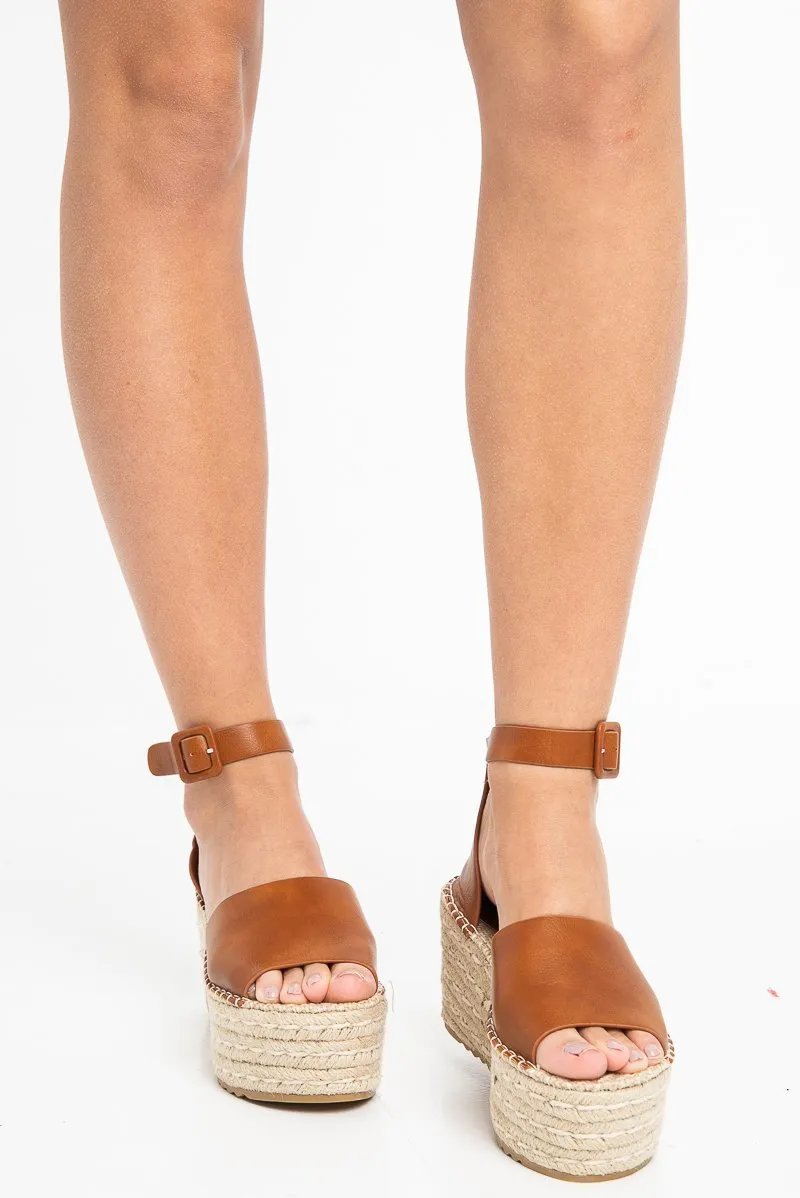 Tan Faux Leather Peep Toe Buckle Detail Wedges - Tiegan