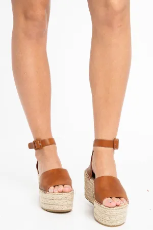 Tan Faux Leather Peep Toe Buckle Detail Wedges - Tiegan