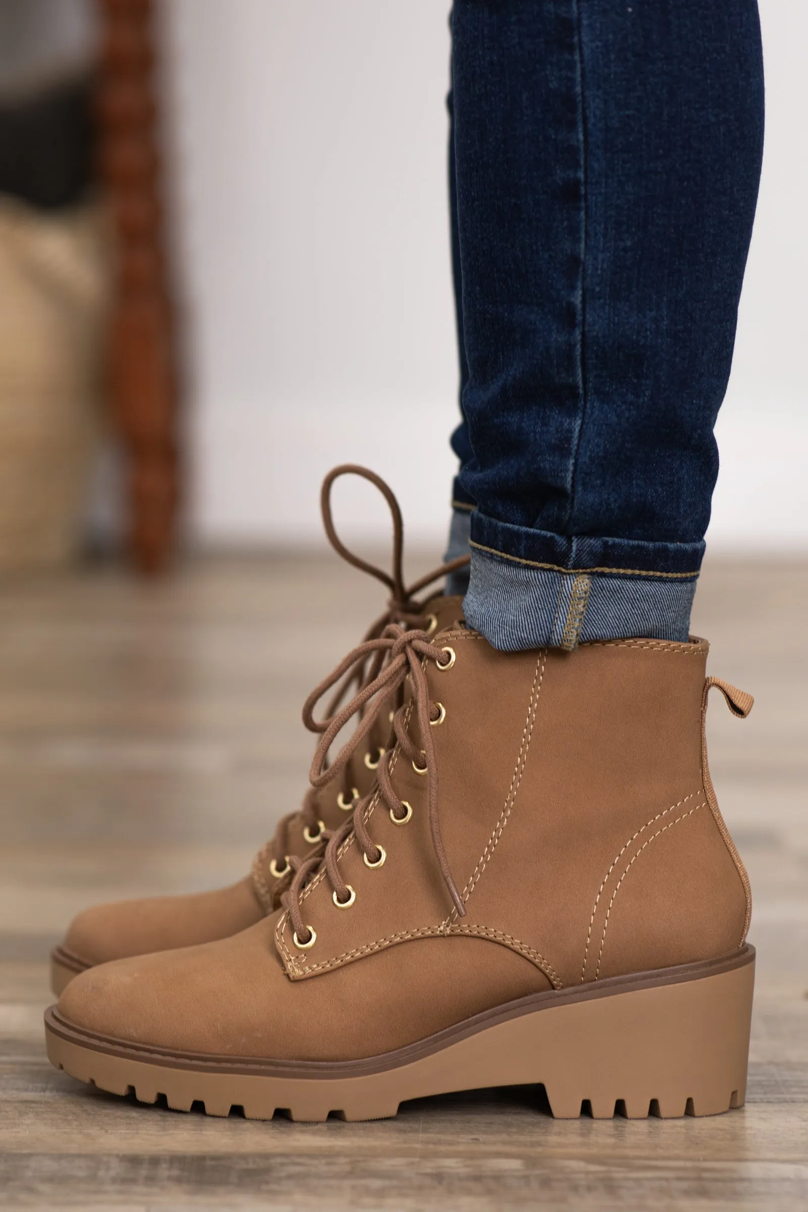 Tan Lace Up Sole Wedge Booties
