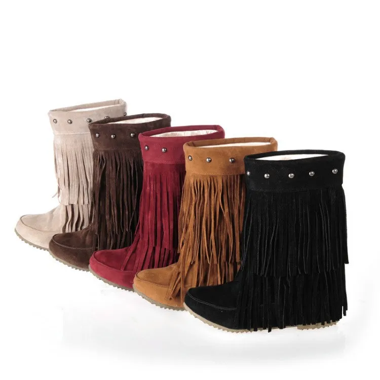Tassel Studded Mid Calf Boots Wedge Heel 4881