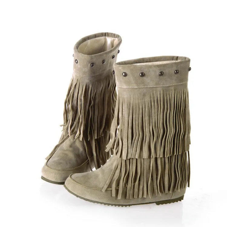 Tassel Studded Mid Calf Boots Wedge Heel 4881