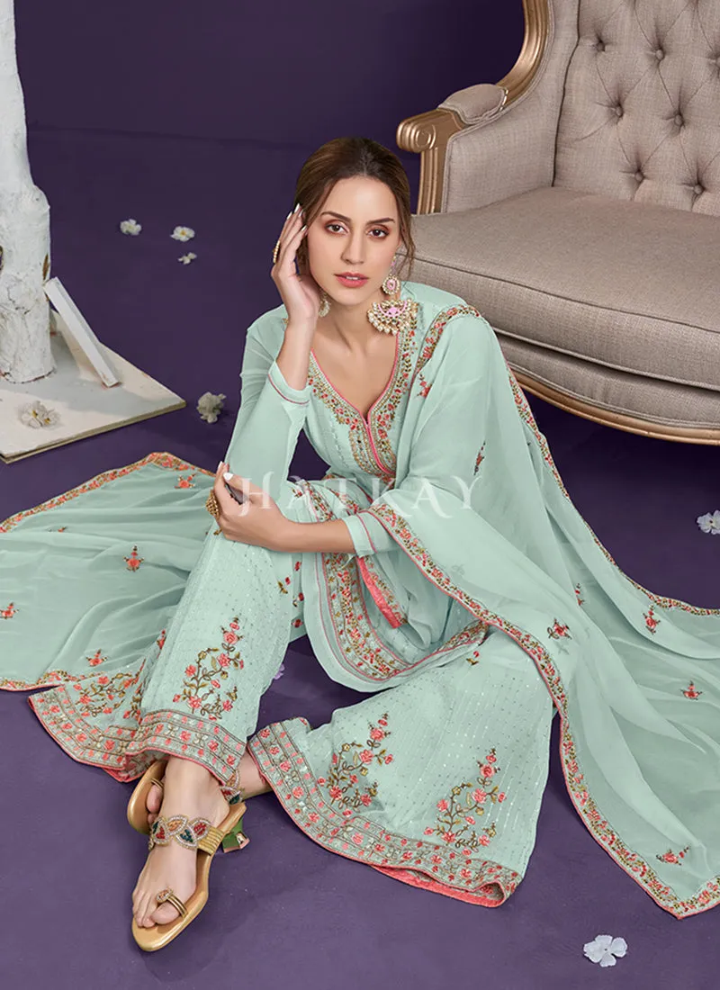 Teal Blue Multi Embroidered Designer Palazzo Suit
