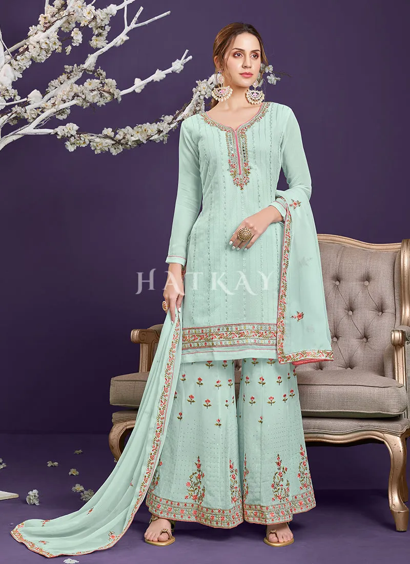 Teal Blue Multi Embroidered Designer Palazzo Suit