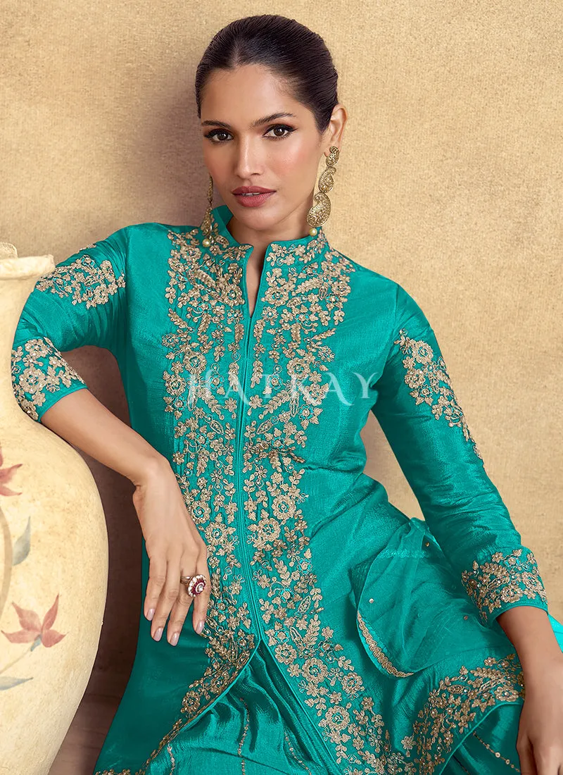 Teal Blue Threadwork Embroidery Sharara Style Suit