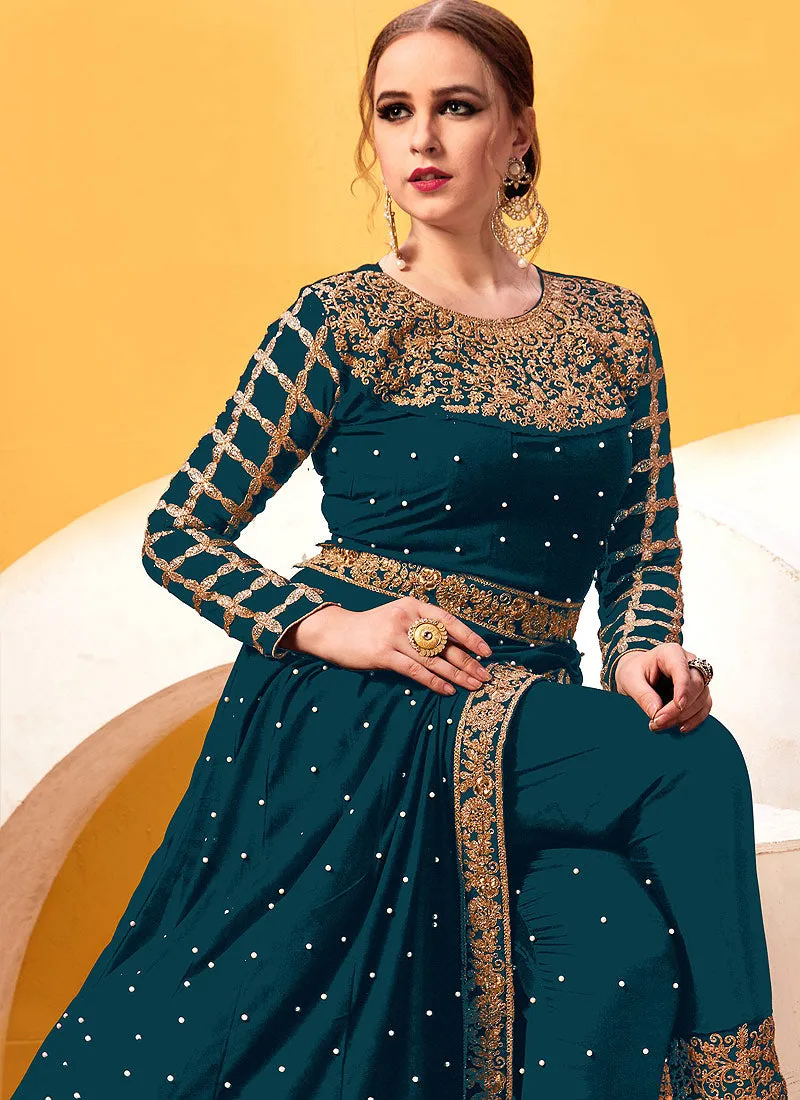 Teal Golden Heavy Embroidered Pant Suit