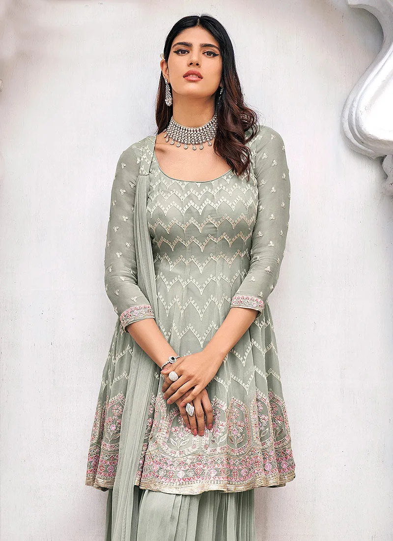 Teal Green Embroidered Gharara Suit