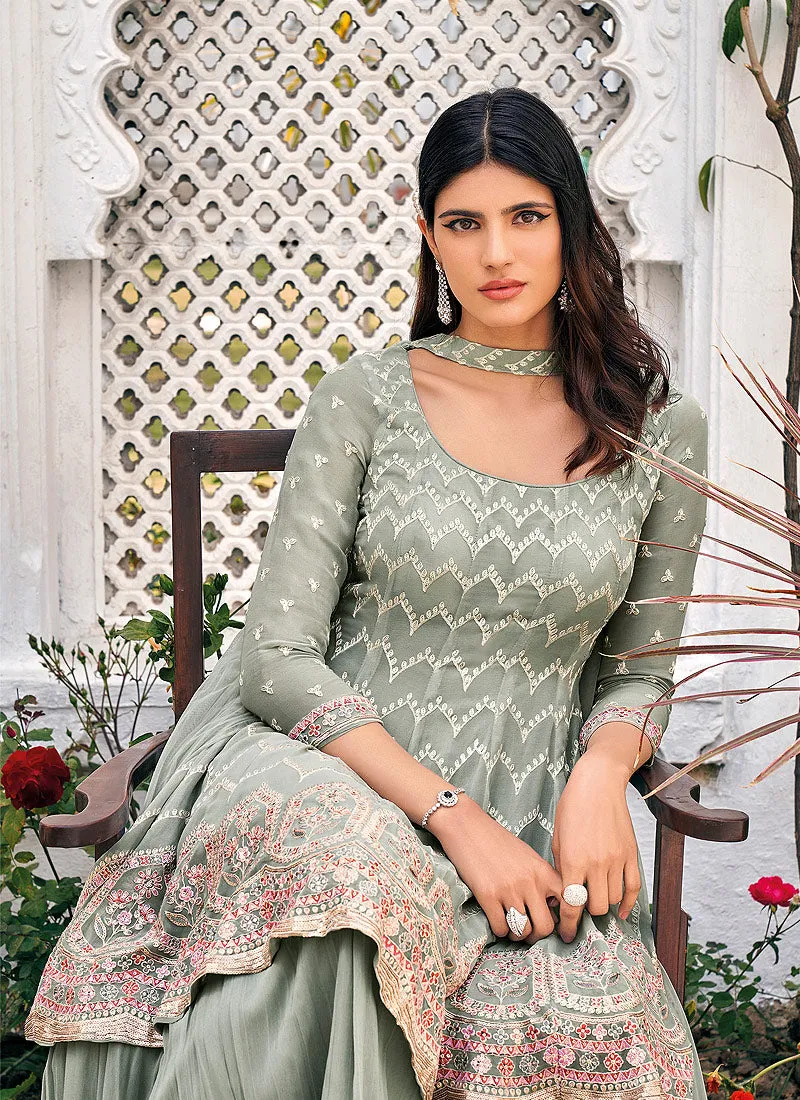 Teal Green Embroidered Gharara Suit
