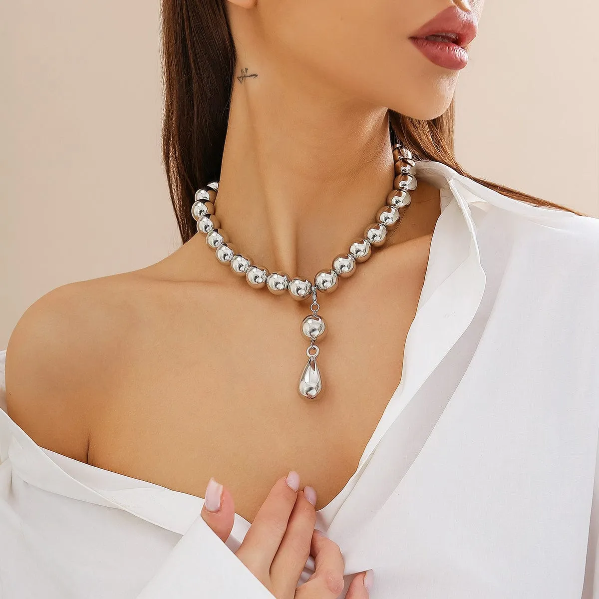 Temperament Chunky Waterdrop Pendant Ball Chain Necklace