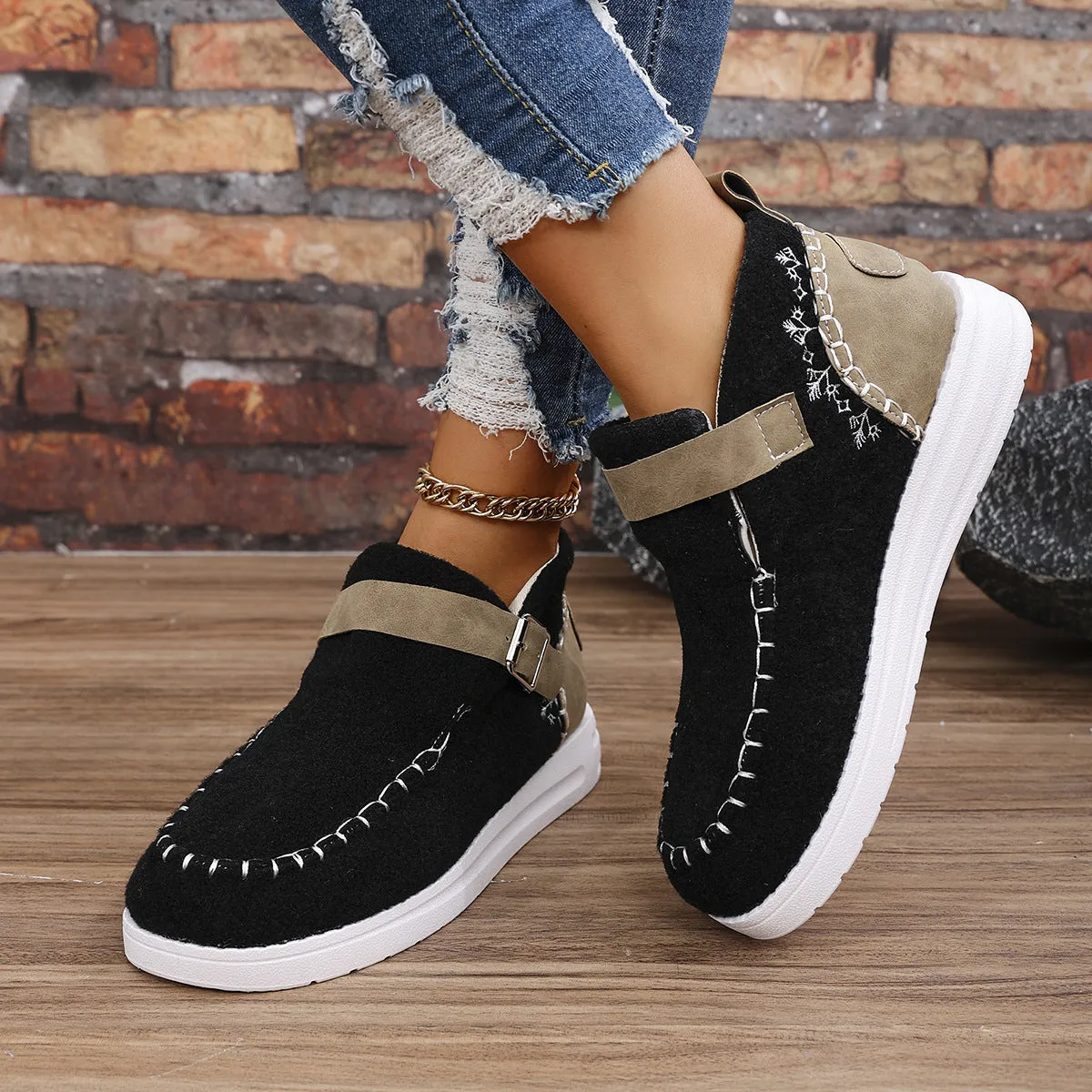 Thick Burr Warm Flat Bottom Cotton Shoes
