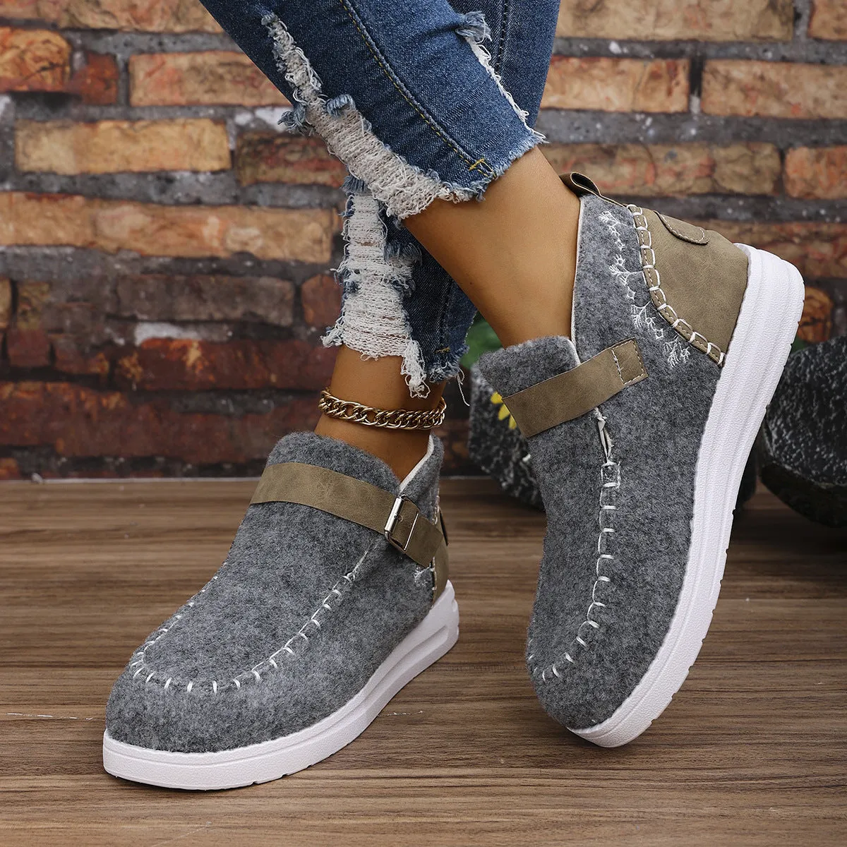 Thick Burr Warm Flat Bottom Cotton Shoes