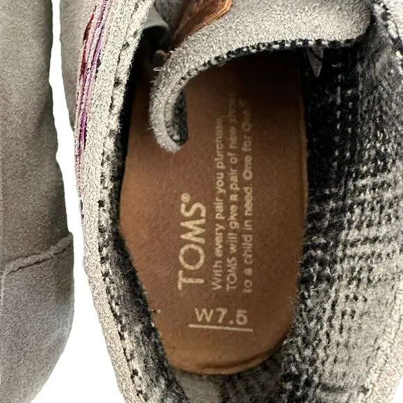 Toms | Size 7.5 Wedge Suede Embroidered Bootie Lace Up Desert Grey Southwestern