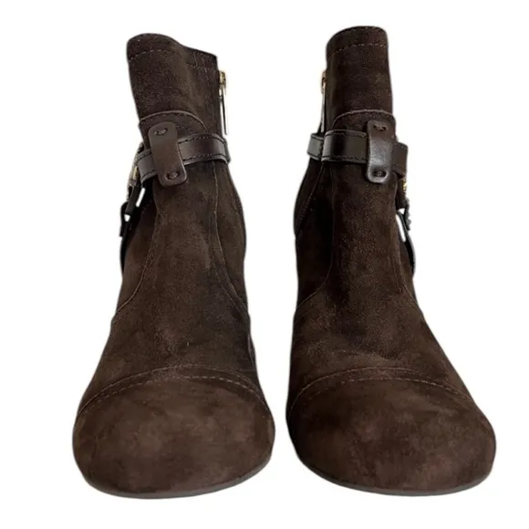 TORY BURCH Aeden Logo Wedge brown suede bootie 8Preppy boho Coastal luxe