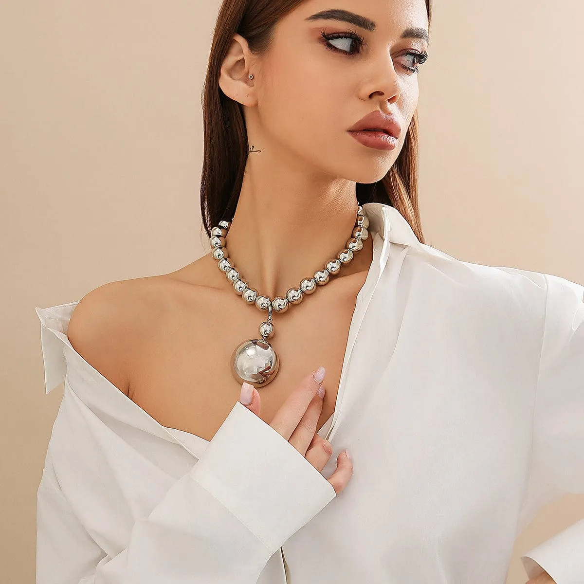 Trendy Chunky Gold Silver Tone Ball Pendant Choker Necklace