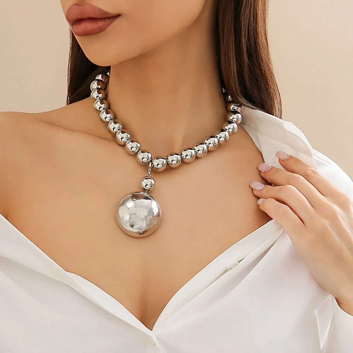 Trendy Chunky Gold Silver Tone Ball Pendant Choker Necklace